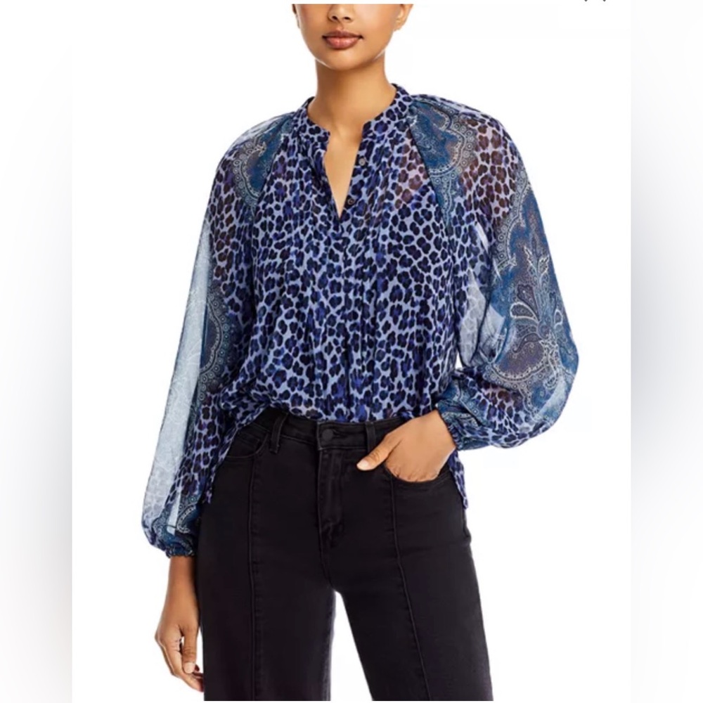 Kobi Halperin Long Sleeve Sheer Black Blue Animal Print Medium Top